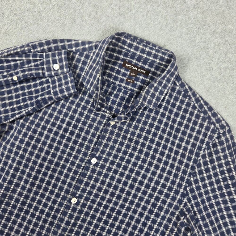 Michael Kors Large Navy Gingham Slim Fit Long Sleeve Button Down Shirt